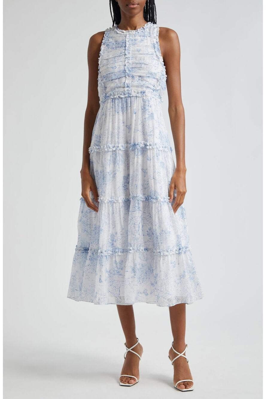 Cinq a Sept Garden Toile Jude Sleeveless Ruffled Midi Dress White Blue Floral 0